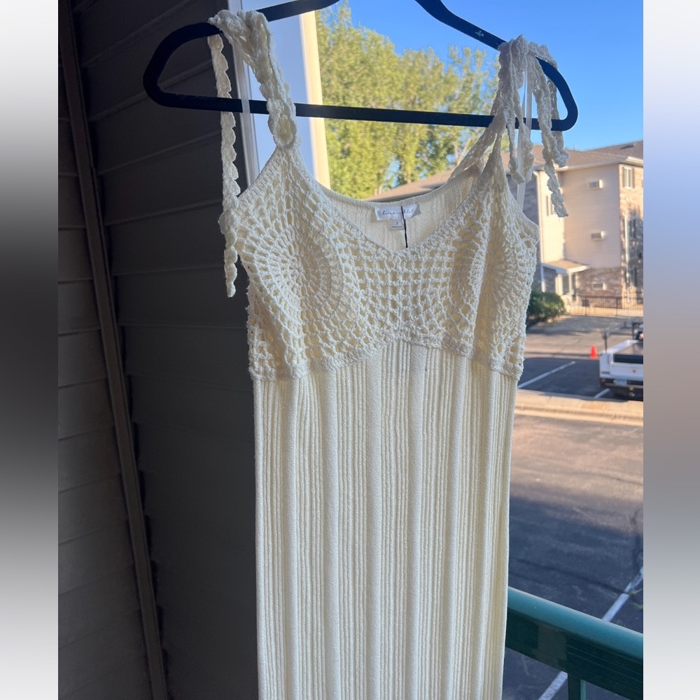 🆕 Line & Dot Cream Crochet Knit Maxi Dress Small Boho Beach Resort Cover Up - Picture 6 of 16